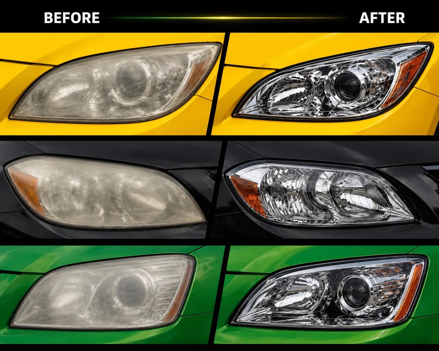 Three paired examples of cloudy vehicle headlights before restoration and clear headlights after restoration