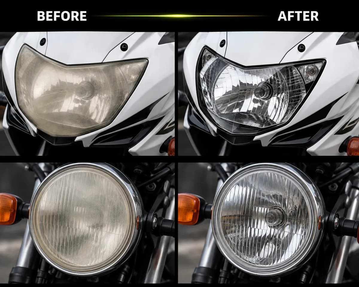 Two paired examples of cloudy motorcycle headlights before restoration and clear headlights after restoration